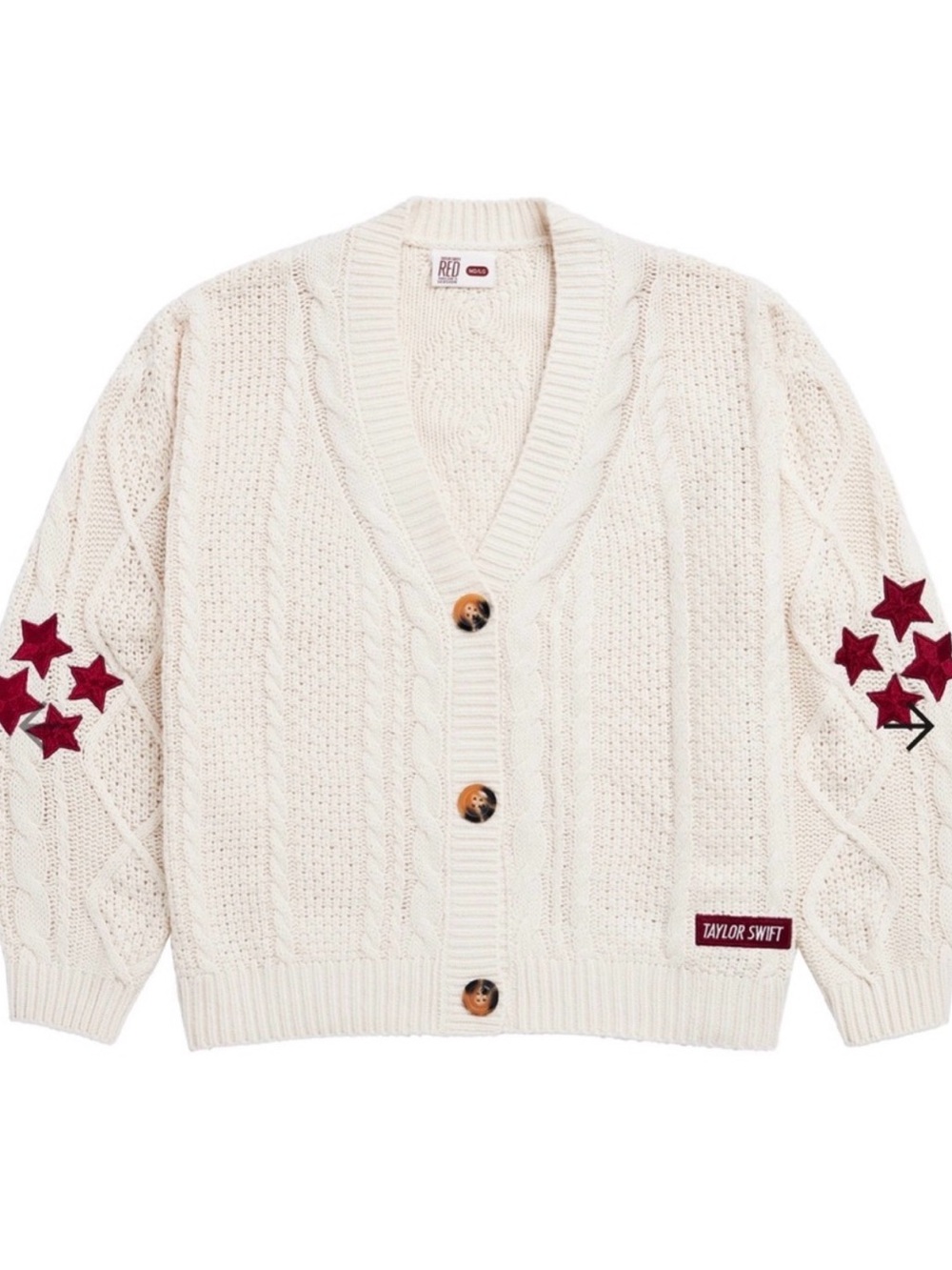 Taylor Swift Red Cream Cable Knit Cardigan with Burgundy Star Accents